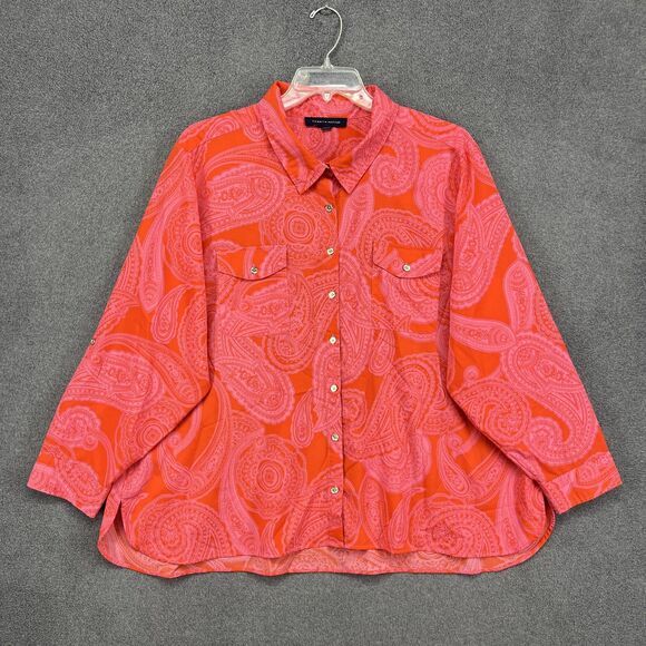 Tommy Hilfiger Blouse Womens 2X Plus Orange Paisley Button Front Long Sleeve - Picture 1 of 16